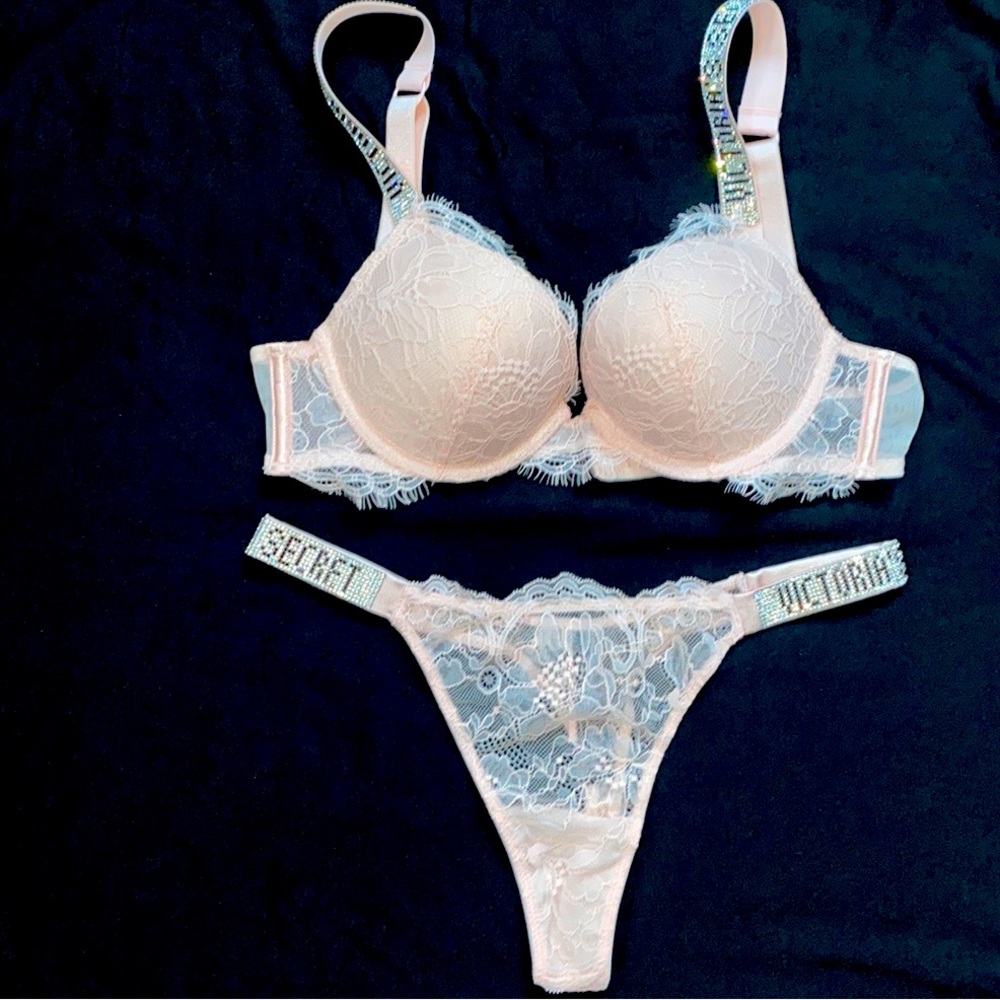 34A Small 2 Pc Set: Pink Lace Very‎ Sexy PushUp Bra 34A + Thong Panty Small